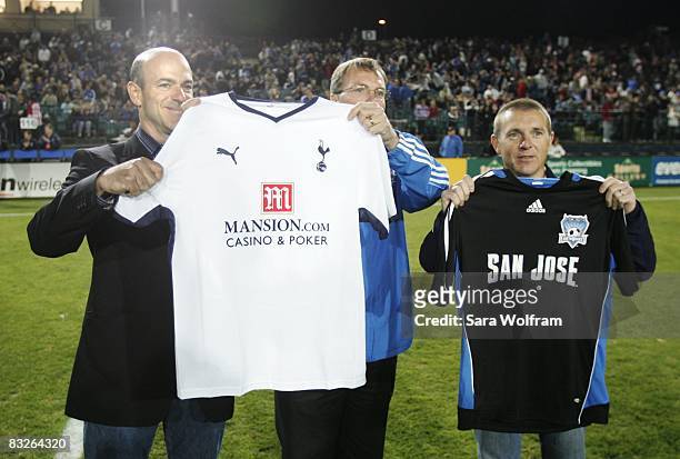 Owner Jon Fisher and President Mike Crowley of the San Jose Earthquakes with Executive Director Paul Barber of the Tottenham Hotspurs announcing a...