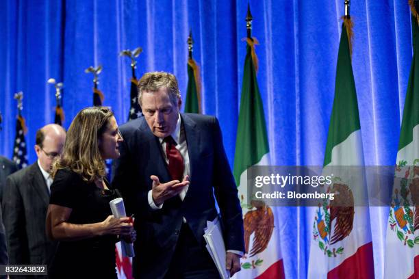 Bob Lighthizer, U.S. Trade representative, right, speaks to Chrystia Freeland, Canada's minister of foreign affairs, after opening statements during...