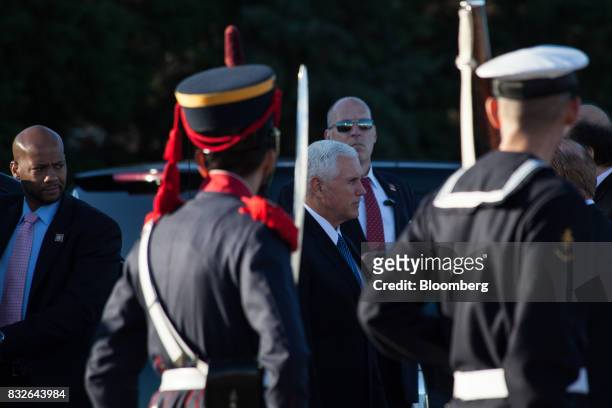 Vice President Pence, center, departs from Palomar Air Base in Buenos Aires, Argentina, on Wednesday, Aug. 16, 207. Pence said he expects a...
