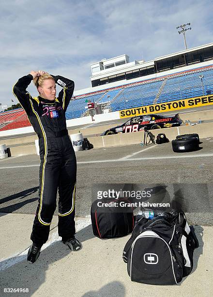 Katie Hagar waits to take her turn on the track during the NASCAR Drive for Diversity Combine at South Boston Speedway on October 14, 2008 in South...