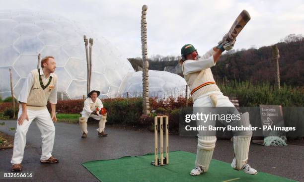 Ben Foster wears the World's first eco-friendly cricket box, which he designed, whilst watched by fielder Steve Bedser and wicket keeper Chris Hines...