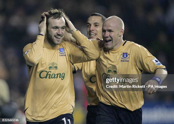 Everton's James McFadden celebrates his goal with Andrew Johnson and Leon Osman