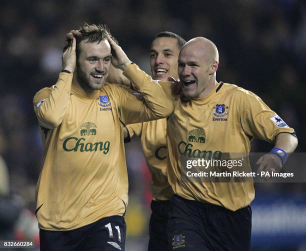 Everton's James McFadden celebrates his goal with Andrew Johnson and Leon Osman