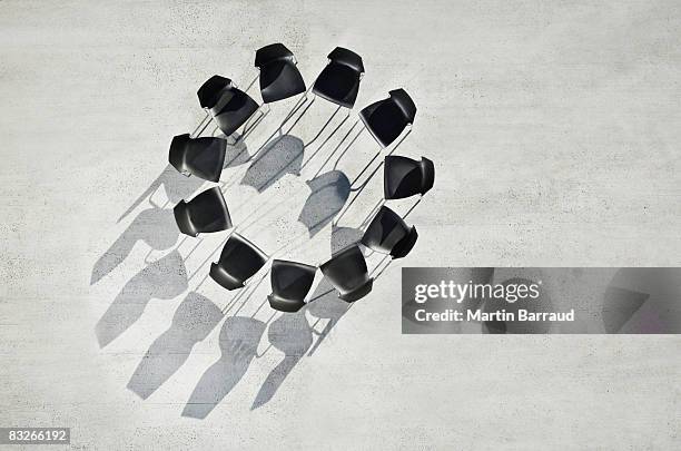 circle of office chairs on sidewalk - elevated view circle stock pictures, royalty-free photos & images