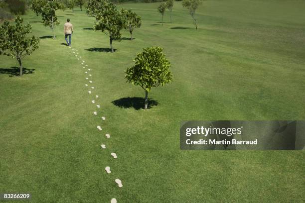 man walking leaving trail of footprints - eco footprint stock pictures, royalty-free photos & images