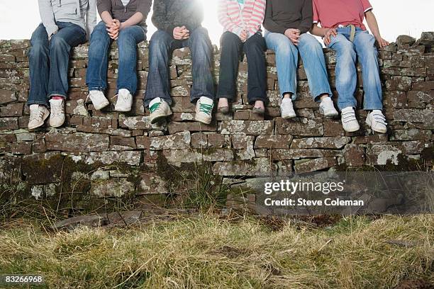 teenage friends sitting on rock wall - girl sitting stock-fotos und bilder