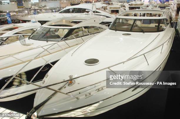 View of some of the yachts on display at this year's London Boat Show, which opened today, at the ExCel centre in London Docklands.