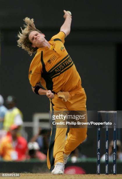 Nathan Bracken bowling for Australia during the World Cup Semi Final between Australia and South Africa at Beausejour Stadium, Gros Islet, St Lucia,...