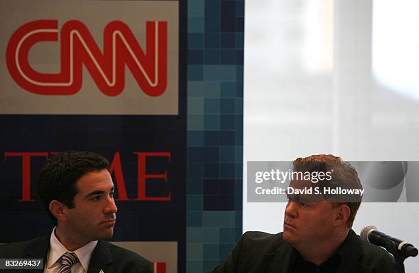 Journalist for The Nation Ari Melber and Director of Election Services for Associated Pres Brian Scanlon speaks during Time Warner's Political...