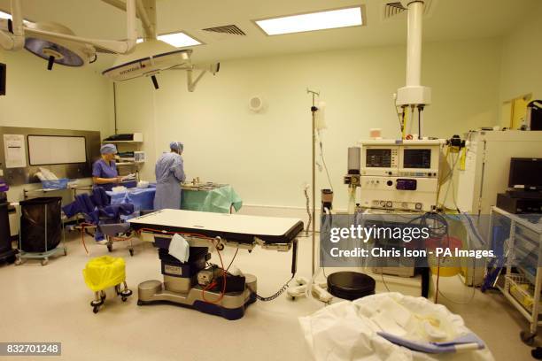 Operating Theatre staff prepare for a Laparoscopic Anterior Resection on a patient at the Royal Hampshire County Hospital in Winchester, Hampshire.