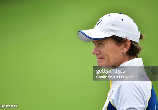 Catriona Matthew, of Team Europe ponders during practice for The Solheim Cup at the Des Moines Country Club on August 16, 2017 in West Des Moines,...