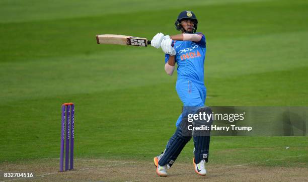 Abhishek Sharma of India U19s bats during the 5th Youth ODI match between England U19s and India Under 19s at The Cooper Associates County Ground on...