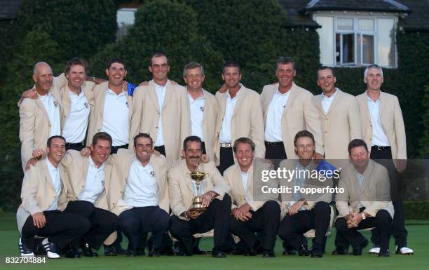 The European Team with the trophy after their 15-1/2 to 12-1/2 Ryder Cup victory over Team USA at The Belfry on September 29th, 2002. Left to right,...