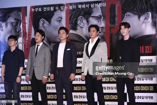 South Korean director Park Hoon-Jung, actors Park Hee-Soon, Kim Myung-Min, Jang Dong-Gun and Lee Jong-Suk attend the film "V.I.P." press screening at...