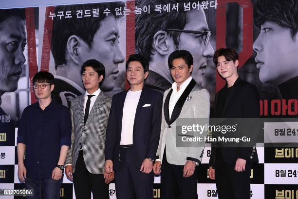 South Korean director Park Hoon-Jung, actors Park Hee-Soon, Kim Myung-Min, Jang Dong-Gun and Lee Jong-Suk attend the film "V.I.P." press screening at...