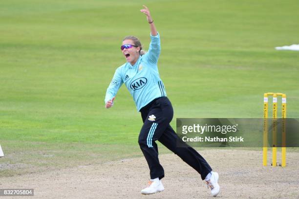 Alex Hartley of Surrey Stars celebrates after getting a wicket during the Kia Super League 2017 match between Lancashire Thunder and Surrey Stars at...