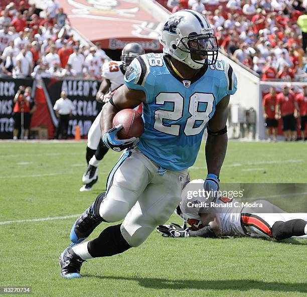 Running back Jonathan Stewart of the Carolina Panthers moves against the Tampa Bay Buccaneers at Raymond James Stadium on October 12, 2008 in Tampa,...