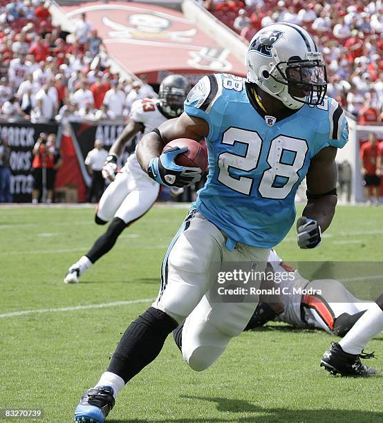 Running back Jonathan Stewart of the Carolina Panthers moves against the Tampa Bay Buccaneers at Raymond James Stadium on October 12, 2008 in Tampa,...
