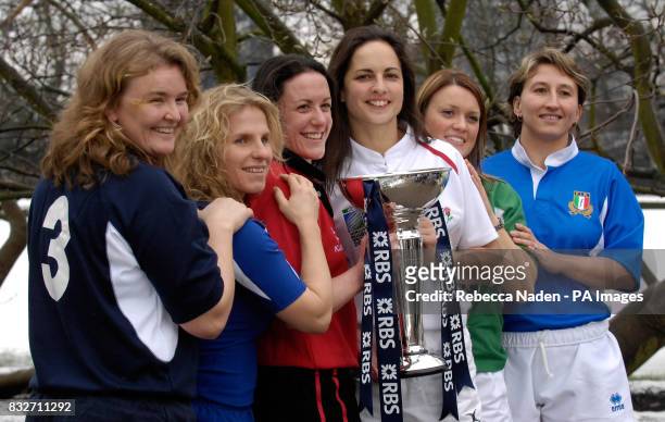 Nations Womens' captains Scotland's Heather Lockhart, Italy's Licia Stefan, Wales' Melissa Berry, England's Sue Day, Ireland's Lynn Cantwell and...