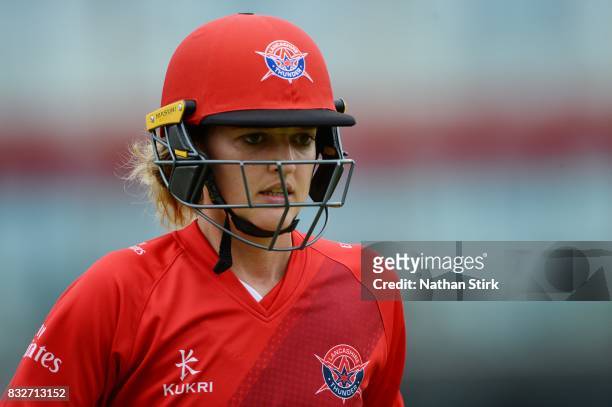 Sarah Taylor of Lancashire Thunder looks on during the Kia Super League 2017 match between Lancashire Thunder and Surrey Stars at Old Trafford on...