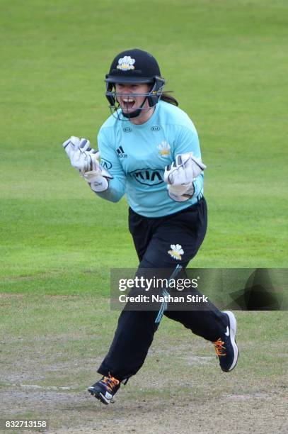 Tammy Beaumont of Surrey Stars celebrates during the Kia Super League 2017 match between Lancashire Thunder and Surrey Stars at Old Trafford on...