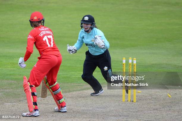 Tammy Beaumont of Surrey stars celebrates after Amy Satterthwaite of Lancashire Thunder gets out during the Kia Super League 2017 match between...