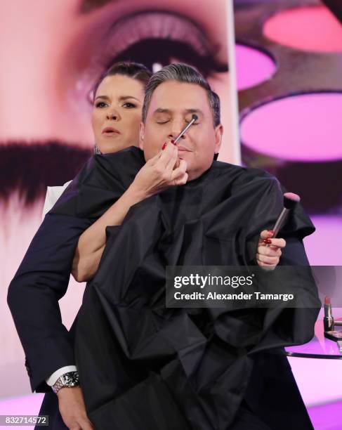 Alicia Machado and Daniel Sarcos are seen on the set of 'Un Nuevo Dia' at Telemundo Studios on August 16, 2017 in Miami, Florida.