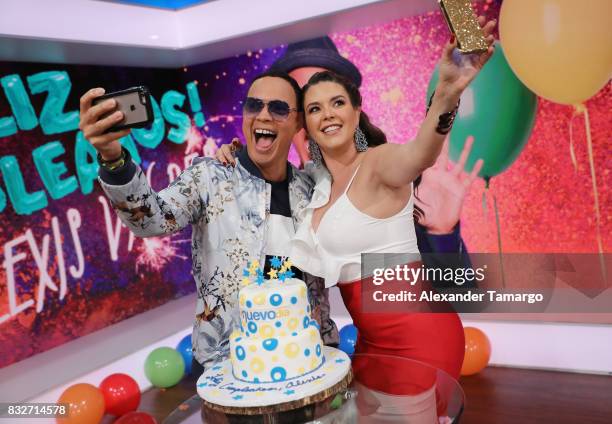 Alexis Valdes and Alicia Machado are seen on the set of 'Un Nuevo Dia' at Telemundo Studios on August 16, 2017 in Miami, Florida.