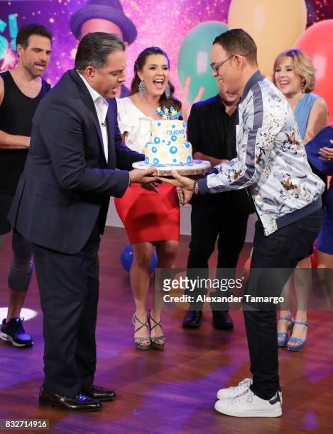 Daniel Sarcos and Alexis Valdes are seen on the set of 'Un Nuevo Dia' at Telemundo Studios on August 16, 2017 in Miami, Florida.