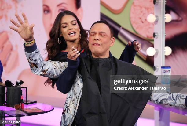 Zuleyka Rivera and Alexis Valdes are seen on the set of 'Un Nuevo Dia' at Telemundo Studios on August 16, 2017 in Miami, Florida.