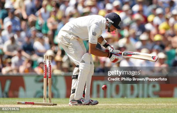 Sajid Mahmood of England is bowled during the 5th Test match between Australia and England at the Sydney Cricket Ground, Sydney, Australia, 5th...