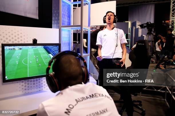 Lucas "Lucasrep_98" da Costa of Brazil celebrates scoring a goal against Mohammed "Mo_Aubameyang" Harkous of Germany during day one of the FIFA...