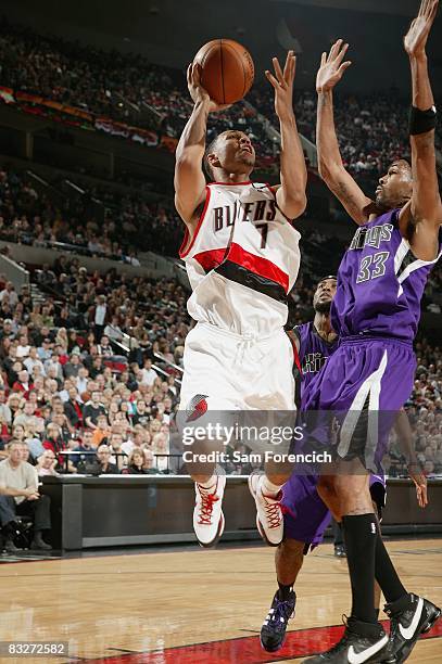 Brandon Roy of the Portland Trail Blazers puts up a shot against Mikki Moore of the Sacramento Kings during the preseason game on October 7, 2008 at...