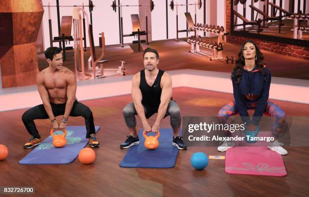 Fran Medina, Roberto Manrique and Zuleyka Rivera are seen on the set of 'Un Nuevo Dia' at Telemundo Studios on August 16, 2017 in Miami, Florida.