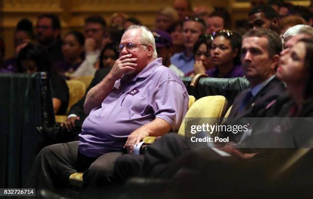 Mark Heyer, the father of Heather Heyer, gets emotional during a memorial service for his daughter at the Paramount Theater on August 16, 2017 in...