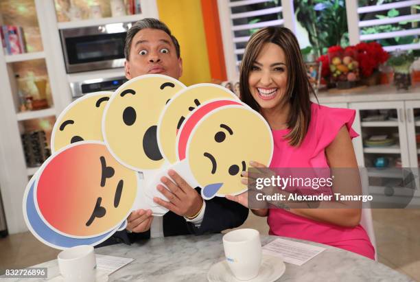 Daniel Sarcos and Erika Csiszer are seen on the set of 'Un Nuevo Dia' at Telemundo Studios on August 16, 2017 in Miami, Florida.