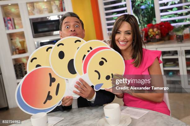 Daniel Sarcos and Erika Csiszer are seen on the set of 'Un Nuevo Dia' at Telemundo Studios on August 16, 2017 in Miami, Florida.