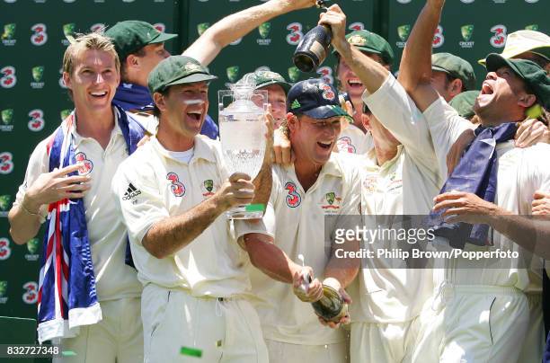 Australia captain Ricky Ponting holds the crystal Ashes urn after winning the 5th Test match between Australia and England by 10 wickets at the...