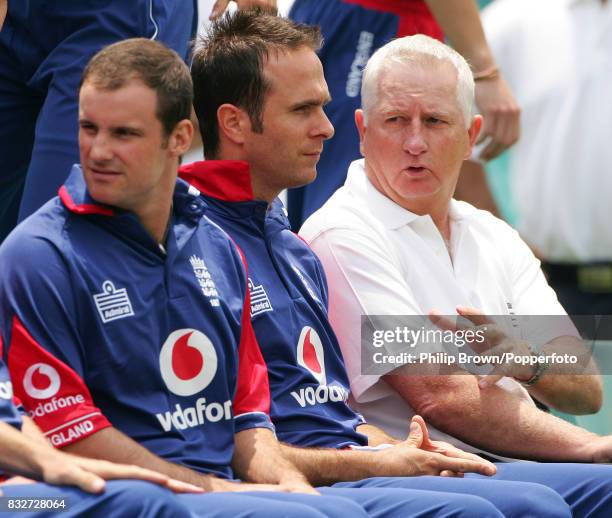 Michael Vaughan, reappointed as England captain, and team coach Duncan Fletcher chat during a team photograph the day before the Twenty20...