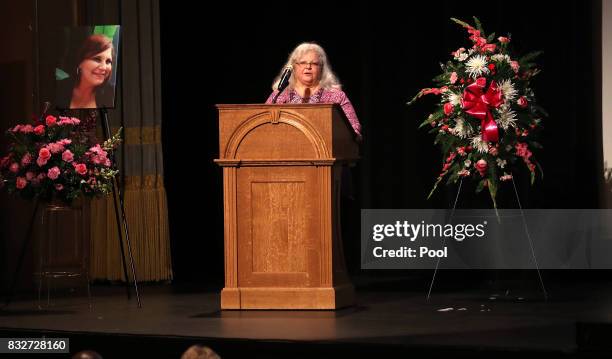 Susan Bro, mother to Heather Heyer, speaks during a memorial for her daughter at the Paramount Theater on August 16, 2017 in Charlottesville, Va....