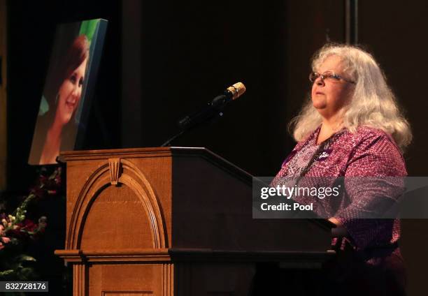 Susan Bro, mother to Heather Heyer, speaks during a memorial for her daughter, at the Paramount Theater on August 16, 2017 in Charlottesville, Va....