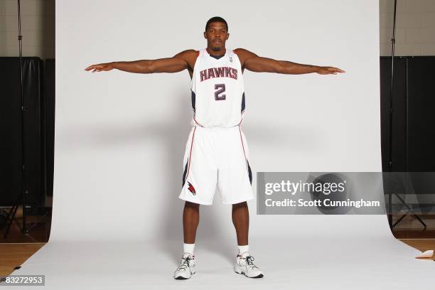 Joe Johnson of the Atlanta Hawks poses for a portrait during NBA Media Day on September 29, 2008 at Philips Arena in Atlanta, Georgia. NOTE TO USER:...