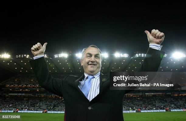 President Nicky Brennan gives a 'thumbs up' to the crowd after officially turning on the lights at the first Gaelic football game held under...