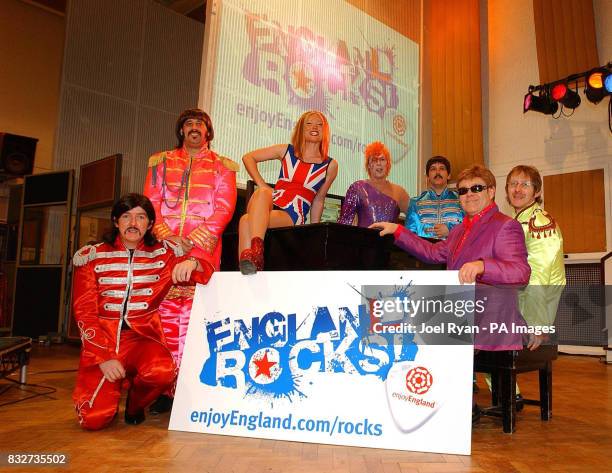 The Beatles join Elton John, David Bowie , and Geri Halliwell lookalikes as they launch the England Rocks! campaign to encourage British visitors to...