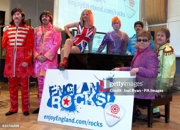 The Beatles join Elton John, David Bowie , and Geri Halliwell lookalikes as they launch England Rocks! a campaign to encourage British visitors to...