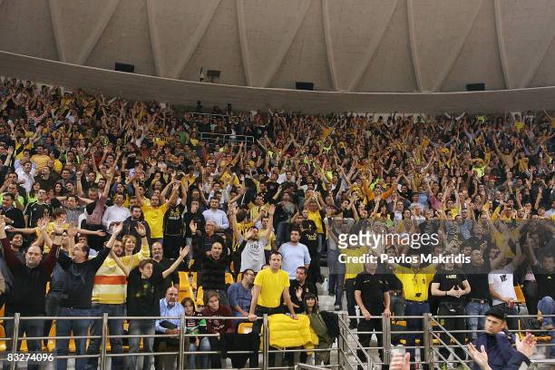 Aris TT Bank fans cheer on their team during the Euroleague Basketball Game 1 between Aris TT Bank and Unicaja at the Palais Des Sports on October...