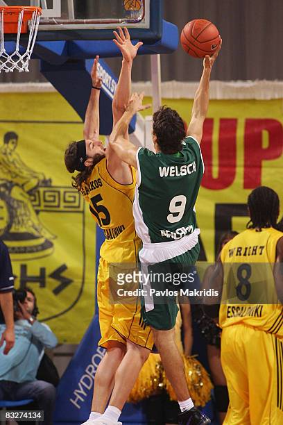 Lazaos Agadakos of Aris TT Bank and Jiri Welsch of Unicaja Malaga in action during the Euroleague Basketball Game 1 between Aris TT Bank and Unicaja...