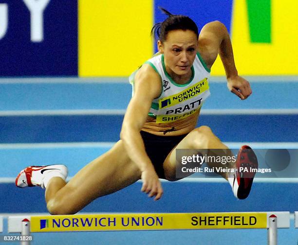 Julie Pratt of Woodford G Essex during the the 60m Hurdle at the Norwich Union European Athletics Trials and UK Championships at Hallam FM Arena,...