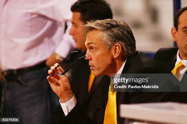Coach Gordon Herbert of Aris TT Bank watches on from the side of the court during the Euroleague Basketball Game 1 between Aris TT Bank and Unicaja...