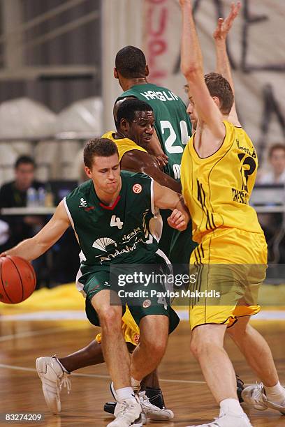 Hanno Mottola of Aris TT Bank and Bojan Popovic of Unicaja Malaga in action during the Euroleague Basketball Game 1 between Aris TT Bank and Unicaja...